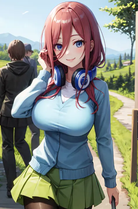 best quality, masterpiece, nice hands, perfect hands, Miku hiking, smile, very big breasts, Blue Cardigan, county road,