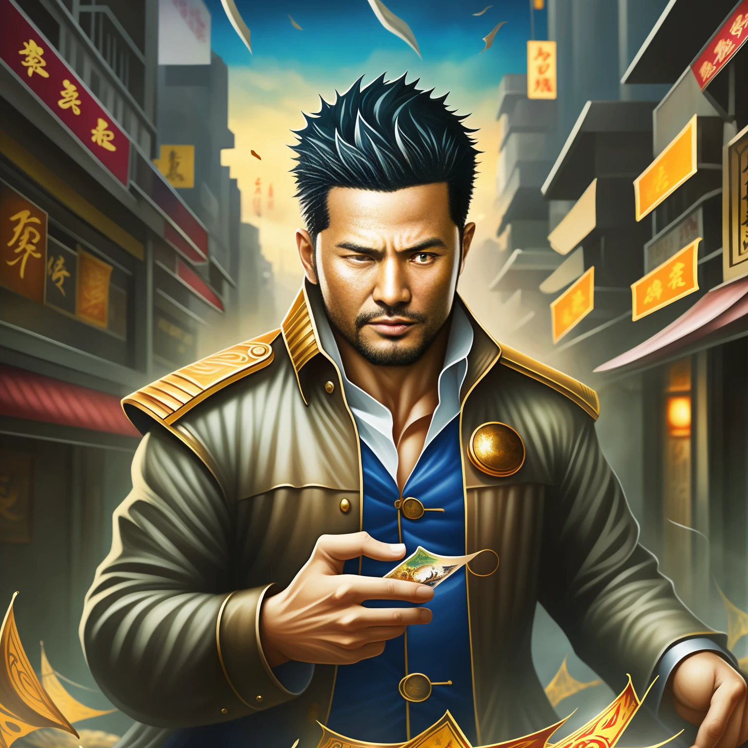 (Masterpiece) Extremely quality, hyper detailed illustration, Ultra-high resolution, Interprets the handsome image of 35-year-old Hong Kong detective Kong Lin, who is mature and mature。Muscle average，Short hair and inadequate trimming of stubble，Dress up in a surreal city。Magic the Gathering cards floating around him，The red dragon flew by leisurely。Background details are exquisite，The scene is surreal，Create an enchanting graphic style。