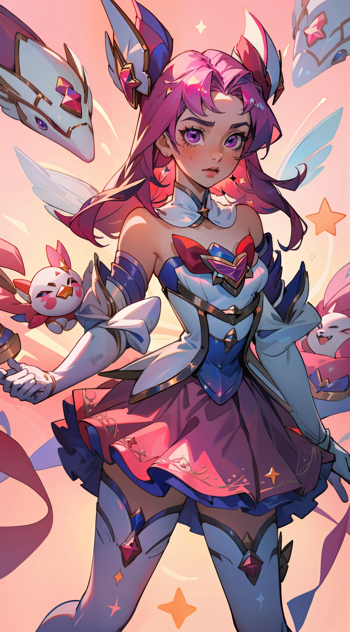 (masterpiece, best quality),  intricate details, 8k, artstation, wallpaper, official art, splash art, sharp focus,
1girl,   Star_Guardian_Kai'Sa, white_legwear, white_gloves, pink_skirt,,