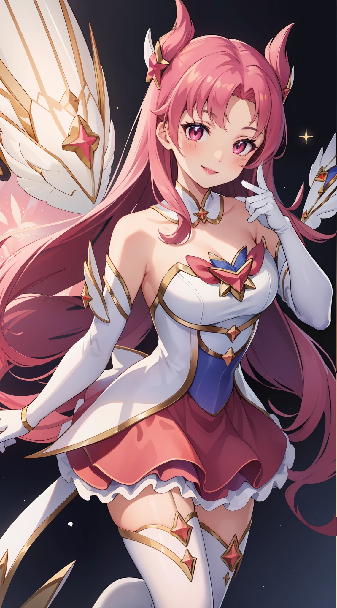 (masterpiece, best quality),  intricate details, 8k, artstation, wallpaper, official art, splash art, sharp focus,
1girl,   Star_Guardian_Kai'Sa, white_legwear, white_gloves, pink_skirt,, smile