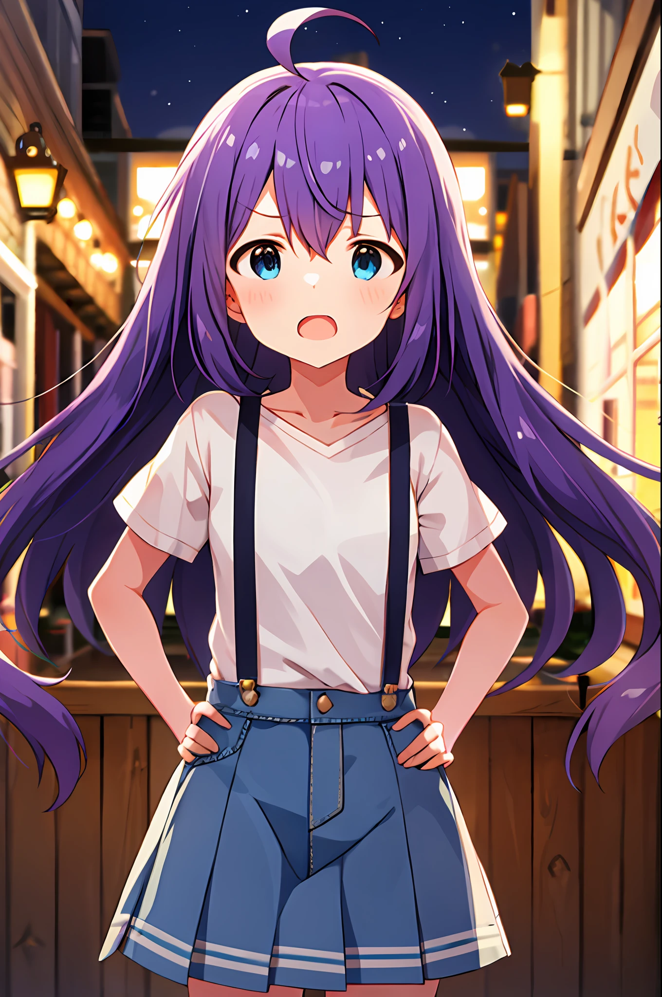 mochizuki anna,1girls,Solo,Long hair,Purple hair,Small_Ahoge,Blue eyes.Short stature.white t-shirts.suspenders.Skirt.Night view.Despair face.Clench your fists.Opening Mouth.hands on hip.