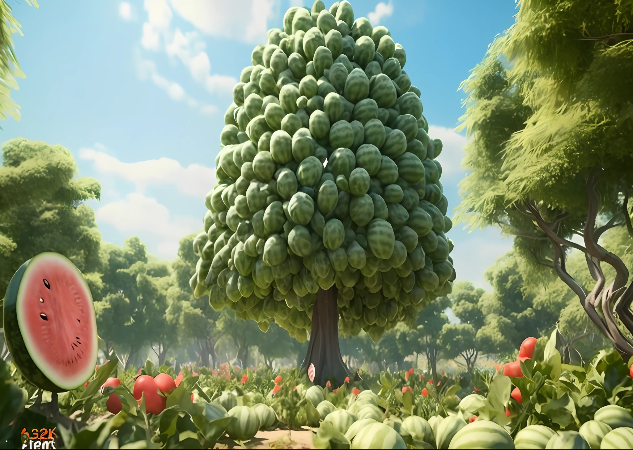 there is a watermelon tree in the middle of a field of watermelons ...