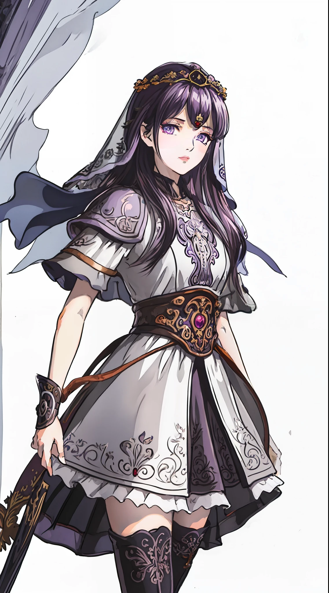 masterpiece, (best quality:1.4), (ultra highres:1.2),4K quality, (delicate illustration:1.4),(8k, RAW photo:1.2),1girl,veil, purple eyes,armor, dress, thighhighs, thigh boots,  cowboy shot,