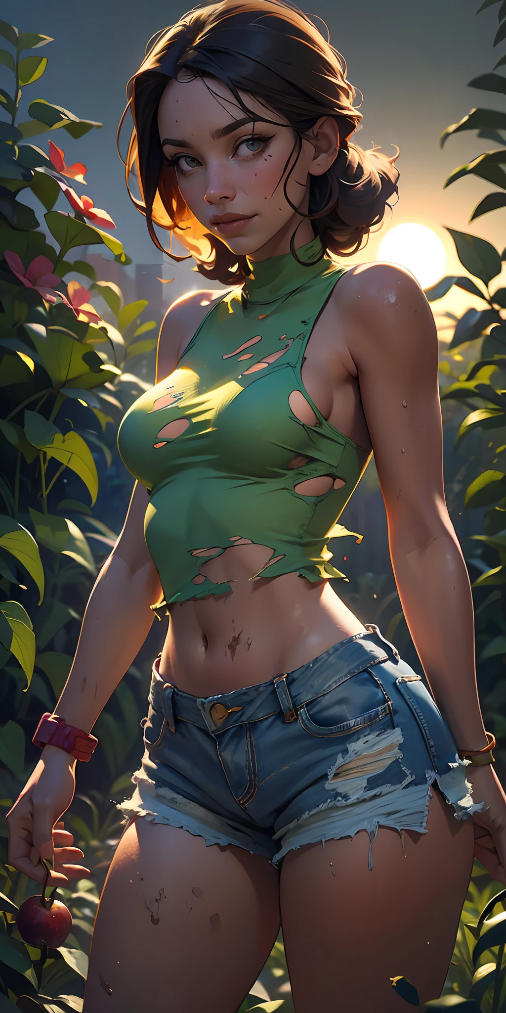 The Urban Ruins of the Wasteland, Female huntress picking fruit in the garden, torn shirt and denim shorts , sweating through, sun rising, Nice warm colors, The best volumetric lighting, Hyper Contrast,all dirty from working in the garden