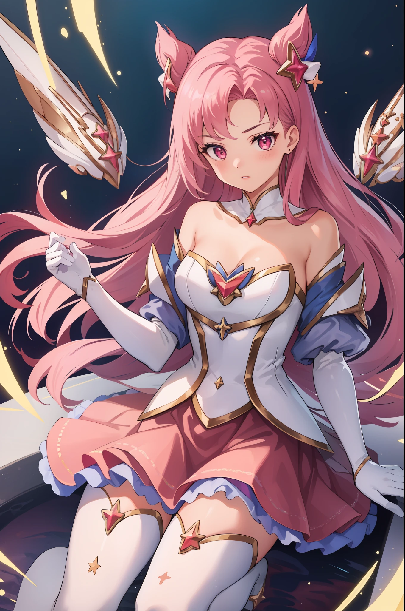 (masterpiece, best quality),  intricate details, 8k, artstation, wallpaper, official art, splash art, sharp focus,
1girl,   Star_Guardian_Kai'Sa, white_legwear, white_gloves, pink_skirt,,