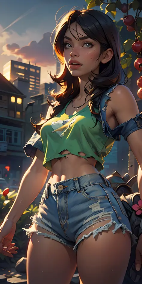 The Urban Ruins of the Wasteland, Female huntress picking fruit in the garden, torn shirt and denim shorts , sweating through, s...