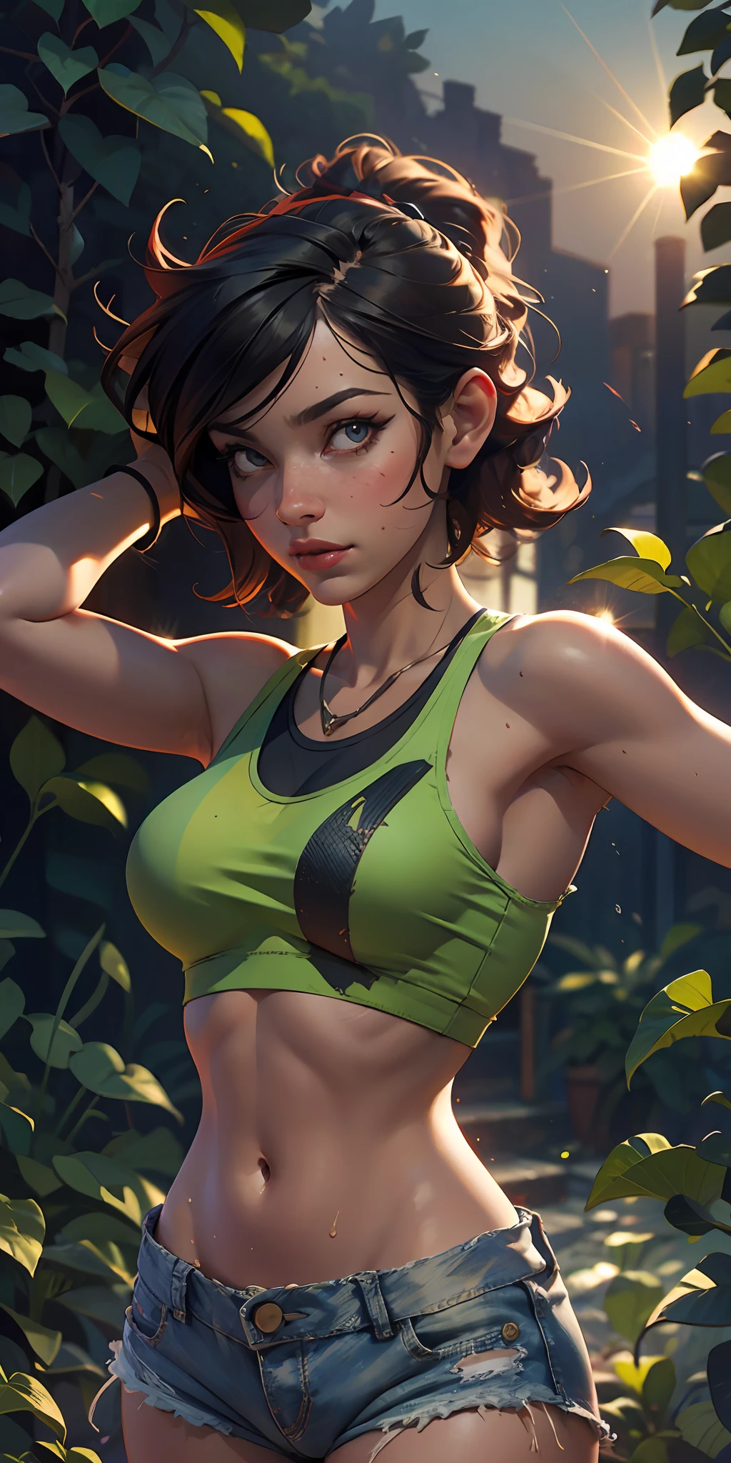 The Urban Ruins of the Wasteland, Female huntress picking fruit in the garden, torn shirt and denim shorts , sweating through, sun rising, Nice warm colors, The best volumetric lighting, Hyper Contrast, Ultra Hyper High Quality Textures