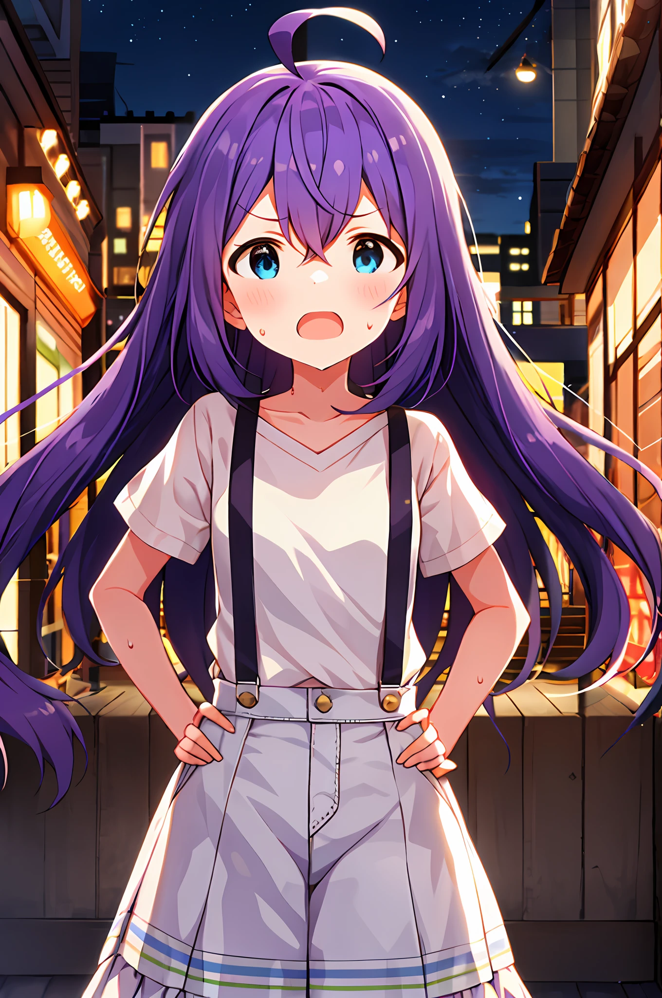 mochizuki anna,1girls,Solo,Long hair,Purple hair,Small_Ahoge,Blue eyes.Short stature.white t-shirts.suspenders.Skirt.Night view.hands on hip.Despair face.Clench your fists.Be proud.Opening Mouth.sweat.