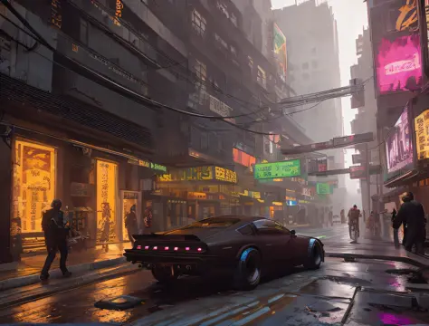 (dark theme:0.9),  city street, cyberpunk 2077 (hdr:1.22), muted colors, complex background, hyperrealism, hyperdetailed, amandi...