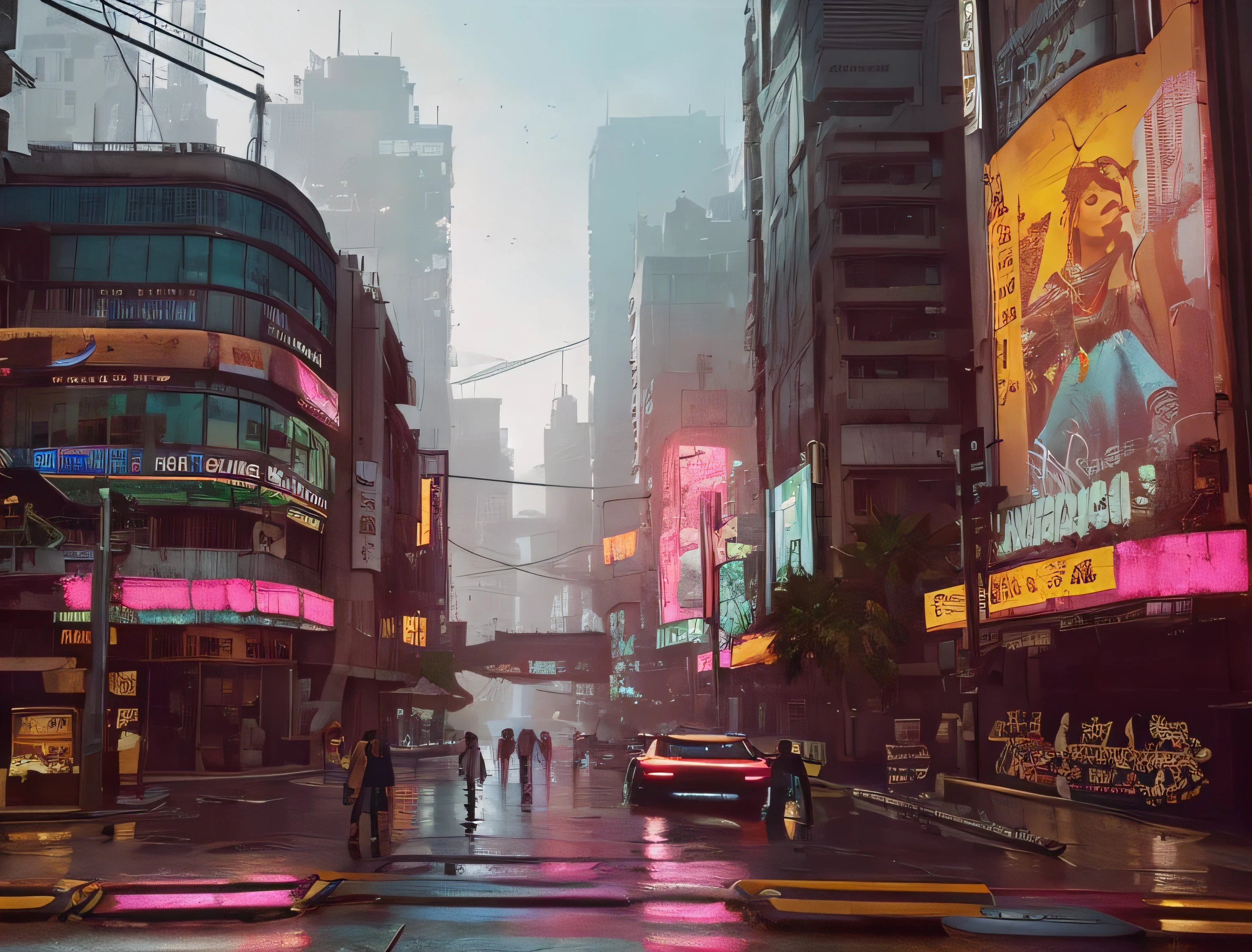 (Tema oscuro:0.9),  calle de la ciudad, ciberpunk 2077 (hdr:1.22), colores apagados, fondo complejo, hyperrealism, hiperdetallado, amandine van ray