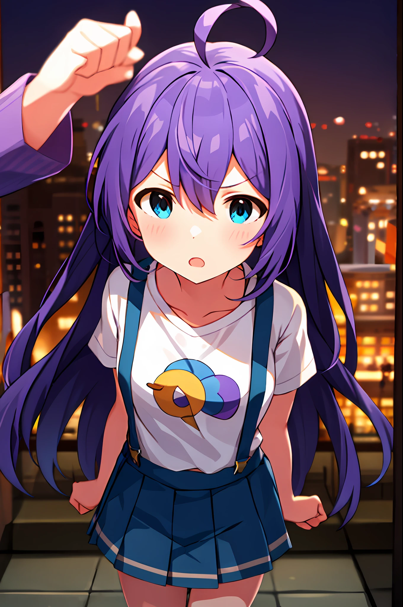 mochizuki anna,1girls,Solo,Long hair,Purple hair,Small_Ahoge,Blue eyes.Short stature.white t-shirts.suspenders.Skirt.Night view.fighting stance.Despair face.Clench your fists.look from above.Opening Mouth.Be proud.Angel wings.