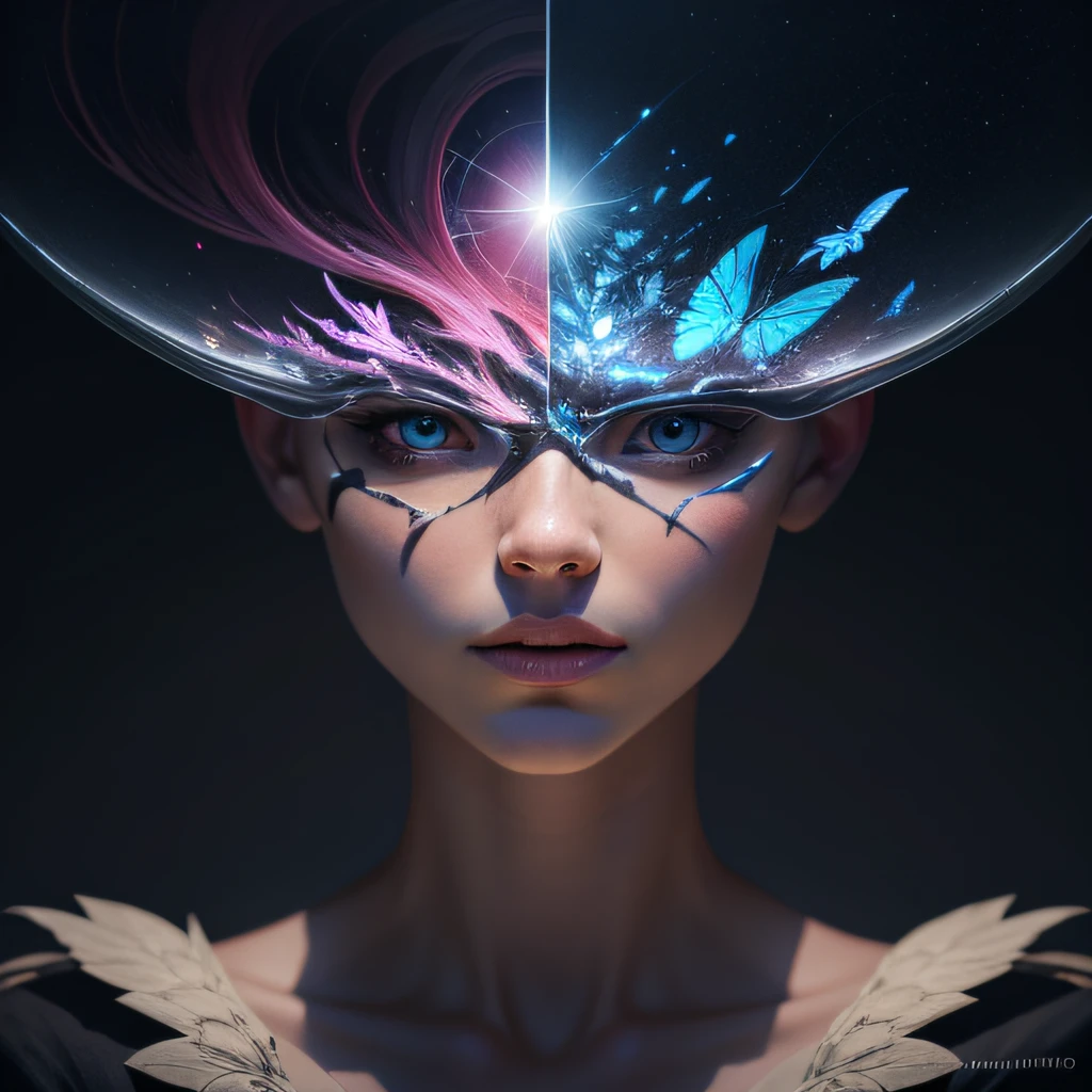 Layered transparency inside human head with butterflies in only brain mix, beautifully detailed and intricate crazy detailed octane render trending on art station, 8k art photography, realistic, centered, symmetrical, painted, intricate, volumetric lighting, beautiful, rich dark masterpiece, sharp focus, ultra detailed, style of dan mumford and marc simonetti, astrophotography