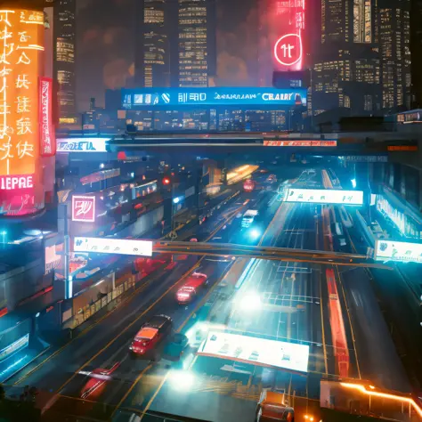 hologram of long shot scenic professional photograph of night city avenue, atasco,Luces nebulosas, holographic road signs, Llovi...