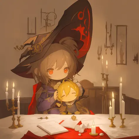 An illustration of an anime character,((Chibi))、witch girl waifu portrait, evil, sly, Witch Hat, spell book on table, light from...