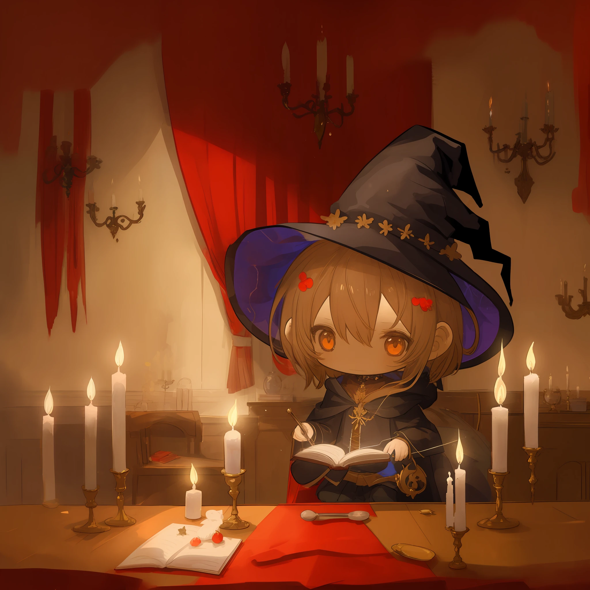 Una ilustración de un personaje de anime.,((Chibi))、Retrato de waifu de chica bruja, Demonio, astuto, Sombrero de bruja, libro de hechizos sobre la mesa, Luz de una vela, magia, dormitorio oscuro, Pelo castaño, cama oscura, medieval era, Luz de una vela, Colores cálidos, luz calida, luz tenue, retrato oscuro, estilo animado, Niña bonita, anatomía perfecta, centrado, muy detallado, hoja de personaje, estaciones de arte, Arte conceptual, Liso, enfoque nítido, ilustración, iluminación cinematográfica