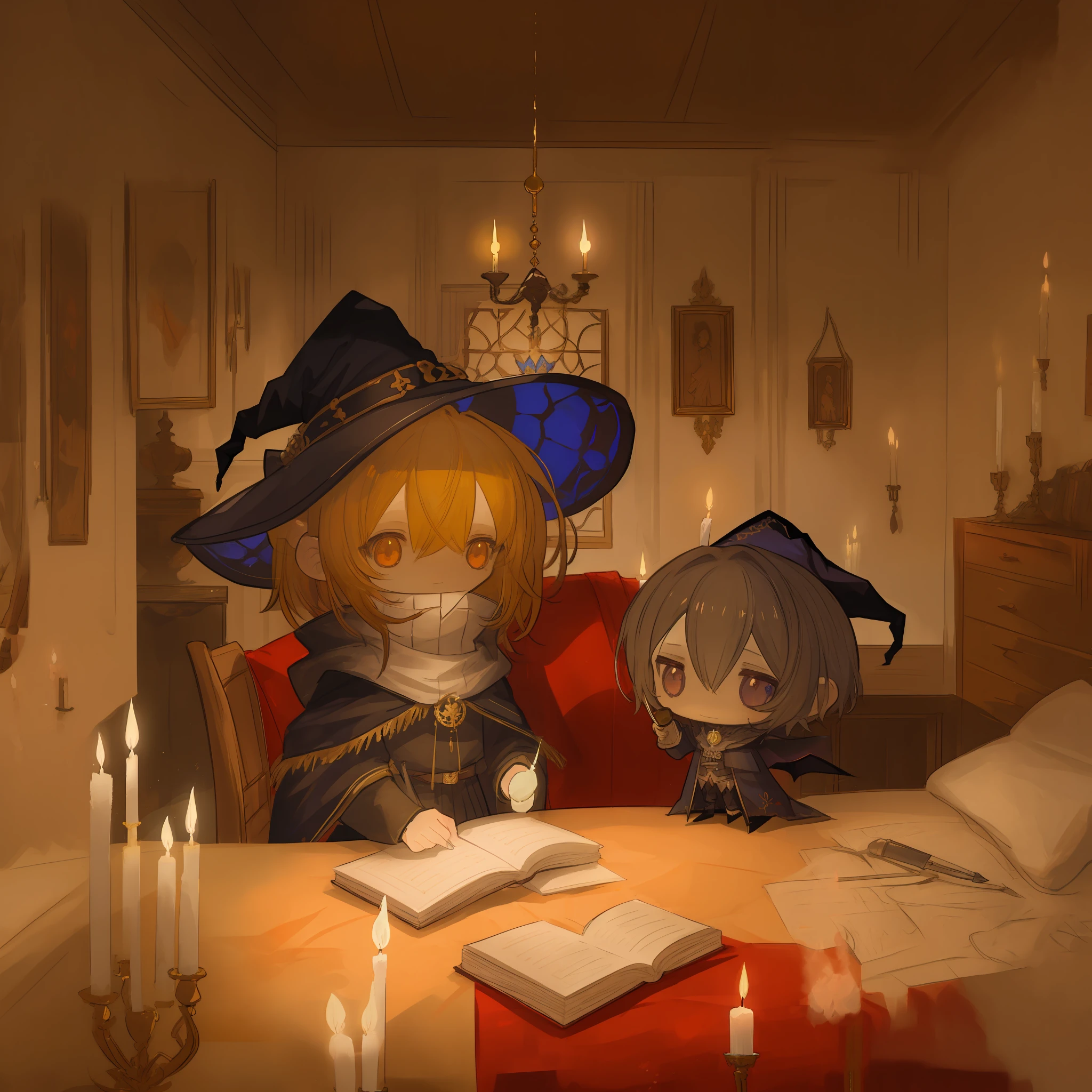 An illustration of an anime character,((Chibi))、witch girl waifu portrait, evil, sly, Witch Hat, spell book on table, light from a candle, Magic, Dark bedroom, Brown hair, dark bed, medieval era, light from a candle, Warm colors, Warm light, Dim light, dark portrait, Anime style, Pretty girl, Perfect Anatomy, centred, Highly detailed, Character Sheet, art stations, Concept art, Smooth, Sharp Focus, Illustration, Cinematic lighting