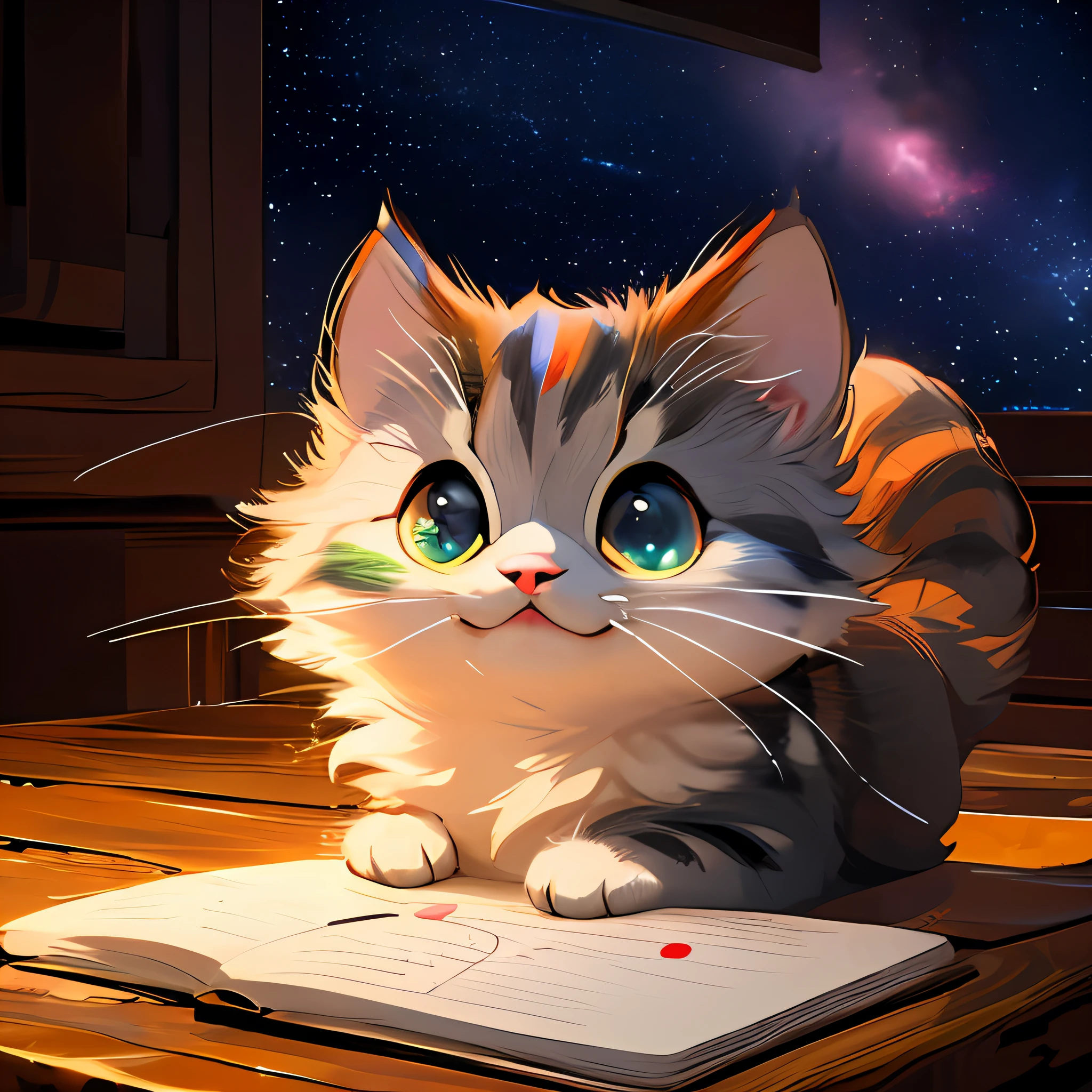 (masterpiece, high definition, exquisite visual quality), a fluffy cat, (close-up of the face:1.2, full body:0.9), a cute little cat, best quality, (extremely detailed CG unity 8k wallpaper), (best quality), (best illustration), (best shadow), realistic lighting, (Abyss), beautiful detailed glowing colors, art by PeterMohrBacher, full body glowing light, his whole body glistened, ((stars daytime sky))