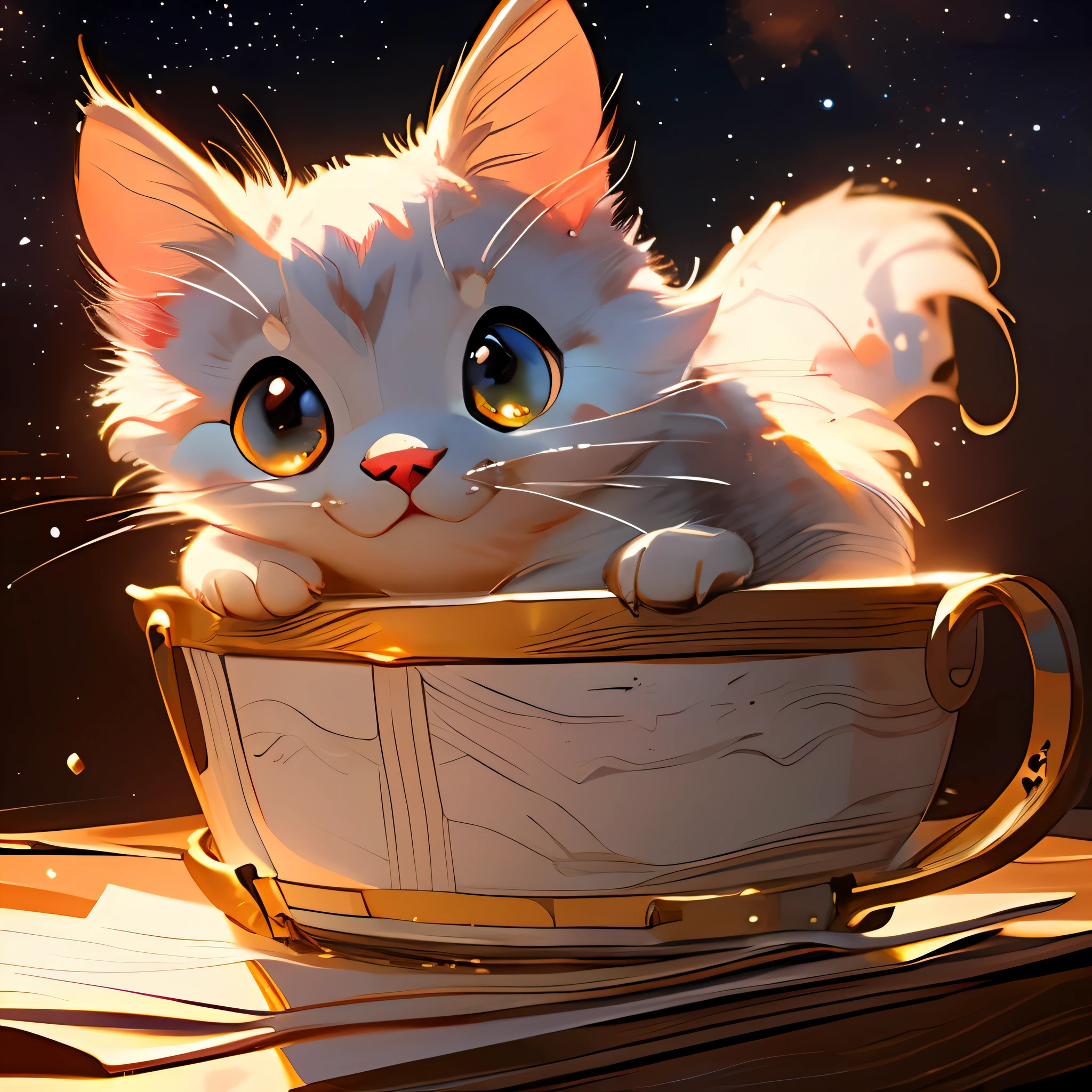 (masterpiece, high definition, exquisite visual quality), a fluffy cat, (close-up of the face:1.2, full body:0.9), a cute little cat, best quality, (extremely detailed CG unity 8k wallpaper), (best quality), (best illustration), (best shadow), realistic lighting, (Abyss), beautiful detailed glowing colors, art by PeterMohrBacher, full body glowing light, his whole body glistened, ((stars daytime sky))