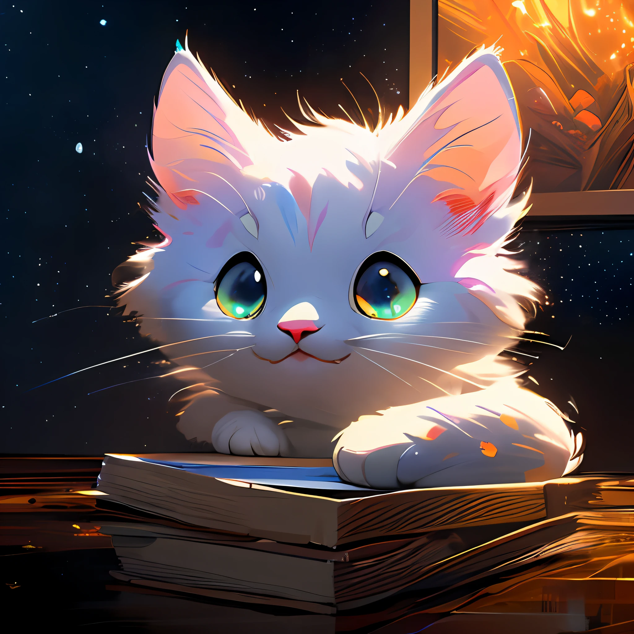 (masterpiece, high definition, exquisite visual quality), a fluffy cat, (close-up of the face:1.2, full body:0.9), a cute little cat, best quality, (extremely detailed CG unity 8k wallpaper), (best quality), (best illustration), (best shadow), realistic lighting, (Abyss), beautiful detailed glowing colors, art by PeterMohrBacher, full body glowing light, his whole body glistened, ((stars daytime sky))