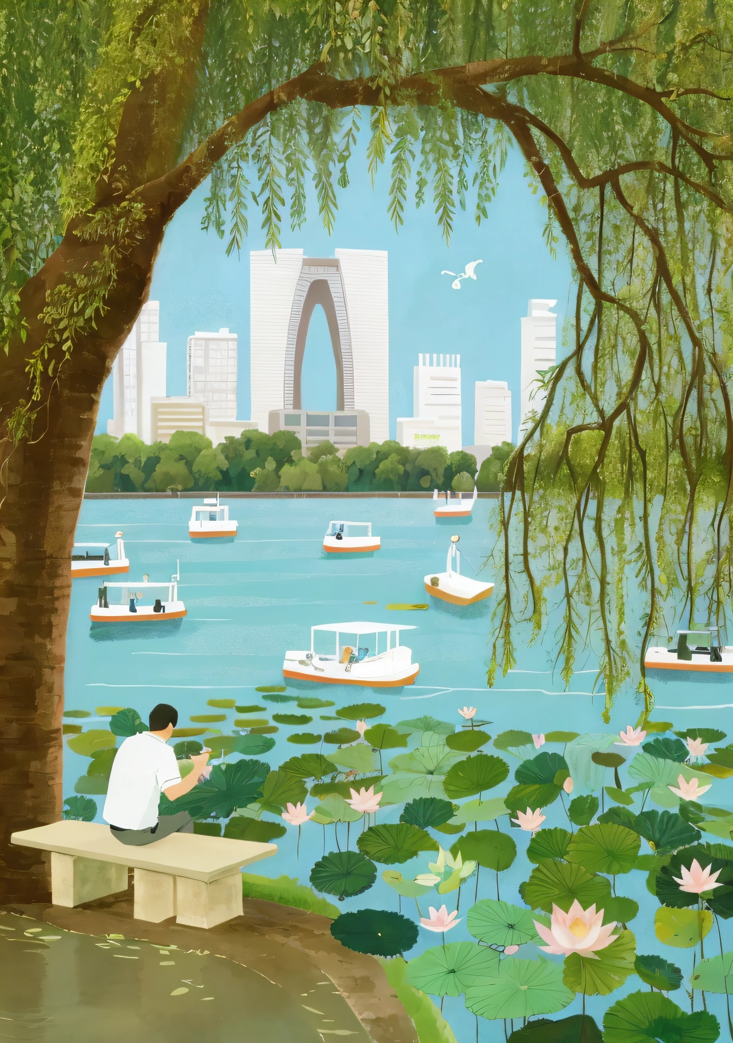 The painting shows a man sitting on a bench by the water, parks and lakes, a beautiful artwork illustration, Suzhou, in a park，lakeside, in an eco city, Lotus pond, Inspired by Wu Guanzhong, Official illustration, nature returning to the city