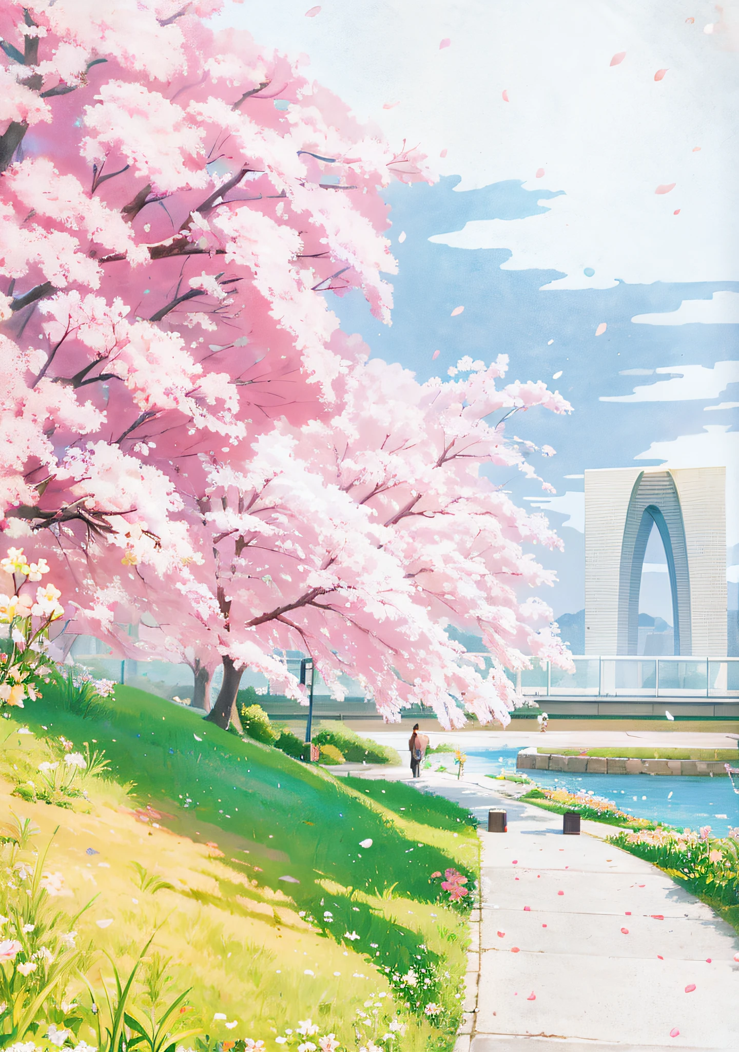 pintura de uma pessoa andando por um caminho perto de um rio, uma bela ilustração de arte, paisagem rural de anime, arte de cenário, paisagem de anime, no estilo de makoto shinkai, flores de cerejeira ao vento, anime linda cena de paz, arte de fundo de anime, lindo cenário de anime, Debaixo da cerejeira, estilo de arte makoto shinkai, caminho florescente para o céu