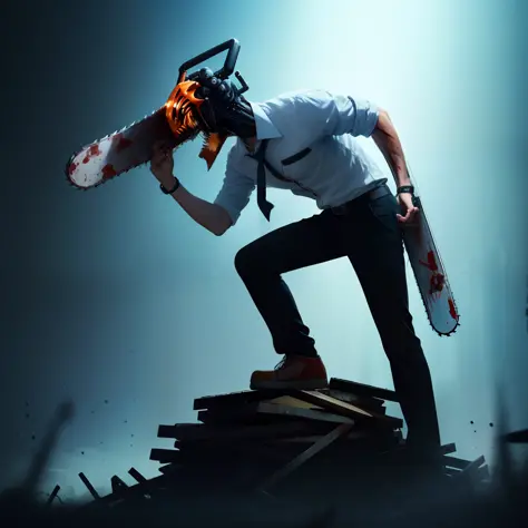 (masterpiece, best quality:1.2), solo, male focus, 1boy,  chainsaw man, chainsaw, sharp teeth, open mouth, tongue, white collared shirt, (blood_on_clothes:1.2), black necktie, black pants ,  standing on a pile of corpse, cyber punk