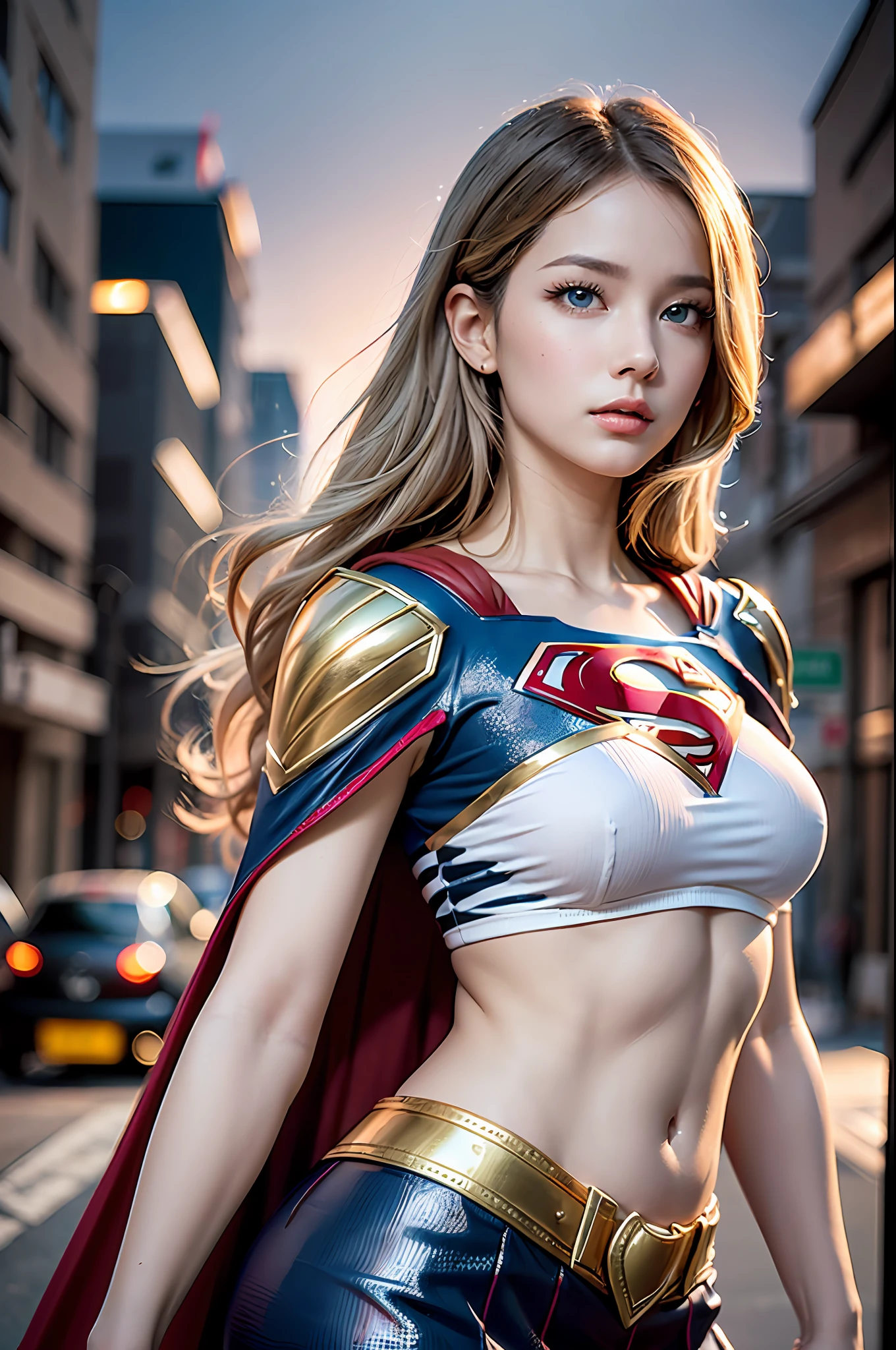 Strong and cool Supergirl photo portrait、8K、Dark outfits、Dreamy and magical atmosphere、（Superheroine costumes、Superman logo on chest）、（white male、Feminine abs）、(A beautiful Blue eyes、Light blonde hair、White Skin Skin、eye liner、False lashes、slender eyes、 shining skin、high gloss skin、Constriction、Professional lighting、Belly Navel、a perfect face、Perfect style）、（20 age old、adult lady、milf woman、Wide waist、thights、shadings、Back lighting）、from front view、Cool Beauty、cow-boy shot、Standing、Face down and looking at the camera、(Red skirt)、realisticeyes、 eyes in beautiful detail、(real-looking-skin)、Attractive ultra-high resolution、ultra hyperrealistic、extremly detailed、the golden ratio、Background is a dystopian building street in the evening、
