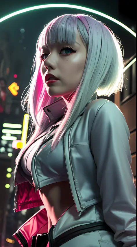 lucy\（cyperpunk\）， 1 chinese girl， hair tightening， ji scissors， silverhair， colored tip， moon full， gray eye， jackets， shortsle...