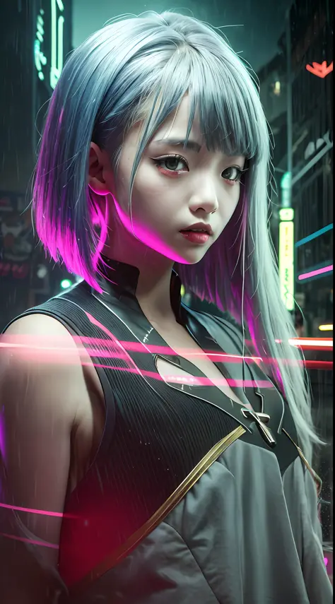 lucy\（cyperpunk\）， 1 chinese girl， hair tightening， ji scissors， silverhair， colored tip， moon full， gray eye， jackets， shortsle...