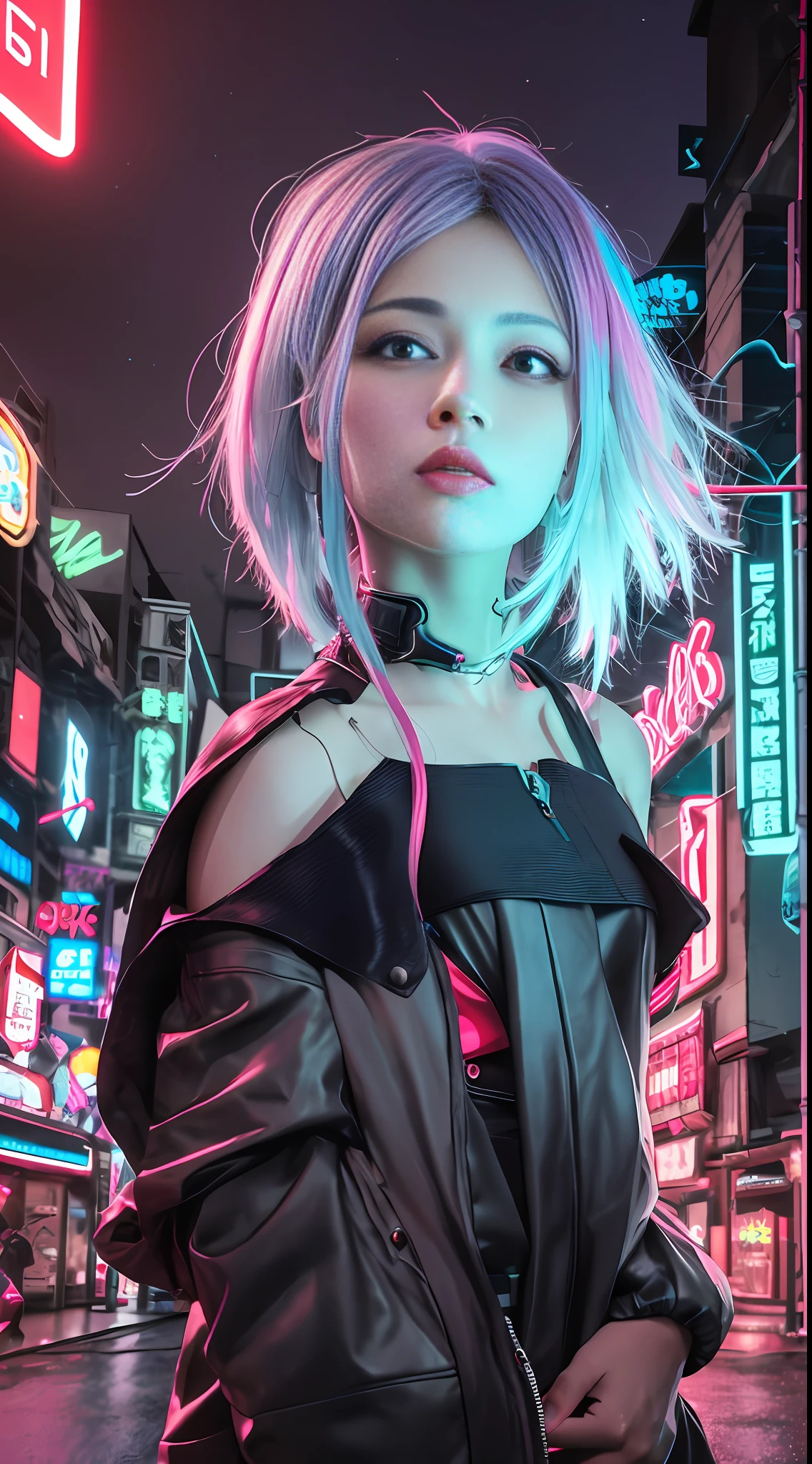 arafed woman with pink hair and a black jacket standing in a city, digitl cyberpunk - anime art, digital cyberpunk anime art, dreamy cyberpunk girl, cyberpunk anime girl, cyberpunk artstyle, bright cyberpunk glow, cyberpunk vibe, at cyberpunk city, anime cyberpunk art, hyper-realistic cyberpunk style, female cyberpunk anime girl, cyberpunk anime art, cyberpunk vibe, cyber punk style