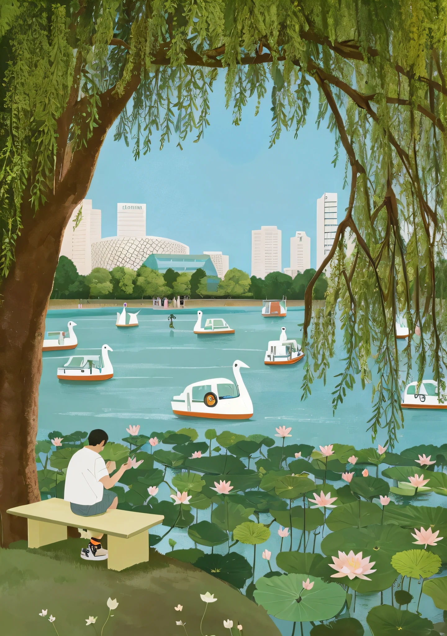 The painting shows a man sitting on a bench by the water, parks and lakes, a beautiful artwork illustration, Suzhou, in a park，lakeside, in an eco city, Lotus pond, Inspired by Wu Guanzhong, Official illustration, nature returning to the city