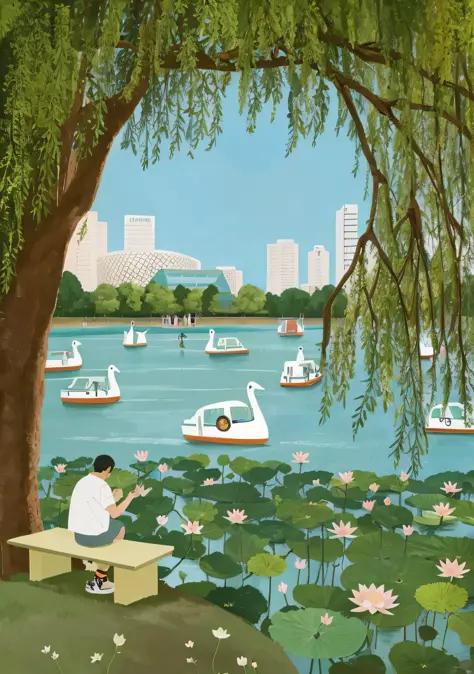 the painting shows a man sitting on a bench by the water, parks and lakes, a beautiful artwork illustration, suzhou, in a park，l...