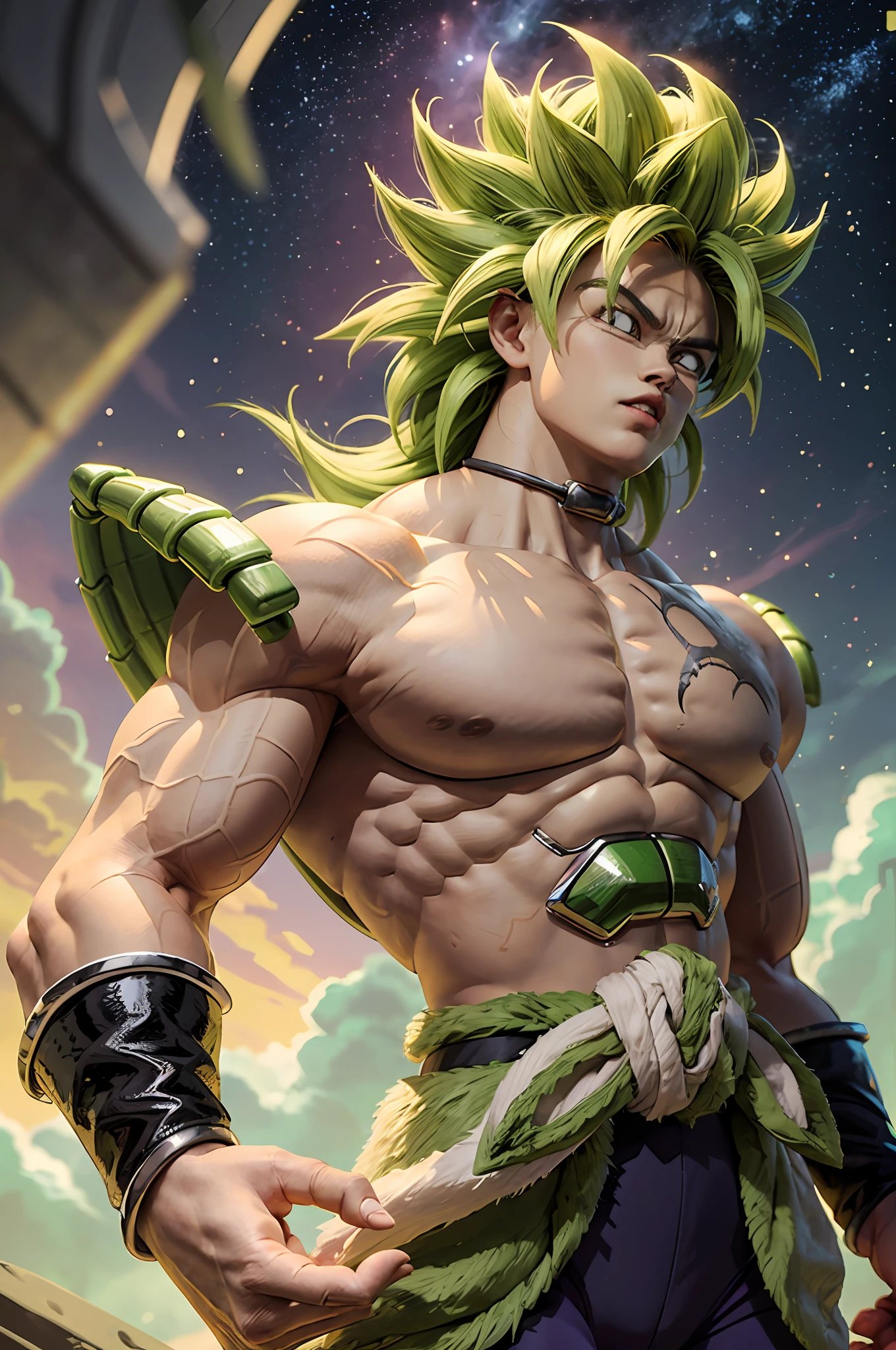 Broly from Dragon Ball Super, 1boy, Closed mouth, Male Focus, muscular, muscular male, standing alone on Namek, sash, Serious, Solo, spiked hair, Ultra Instinct, ((Maste Piece)), erotic, sexy male Waifu, photorealistic anime realism trending on civitai perfect composition perfect render innovative design dynamic angle perfect pose perfect body perfect face perfect hands perfect fingers perfect, signature Broly outfit, Dragon Ball style environment, Realistic background, detailed background detailed outfit perfect nails, Top resolution