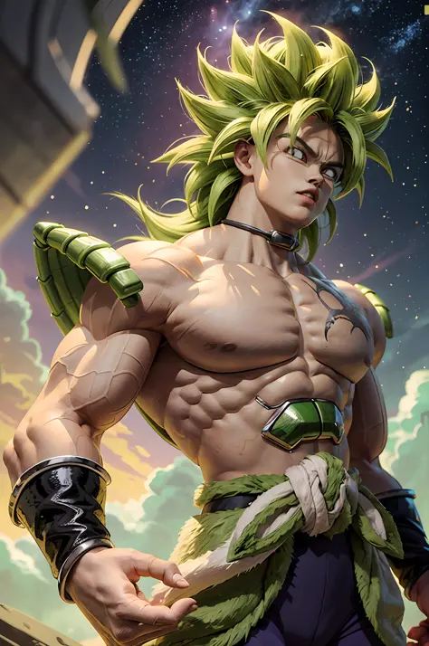 Broly from Dragon Ball Super, 1boy, Closed mouth, Male Focus, muscular, muscular male, standing alone on Namek, sash, Serious, S...
