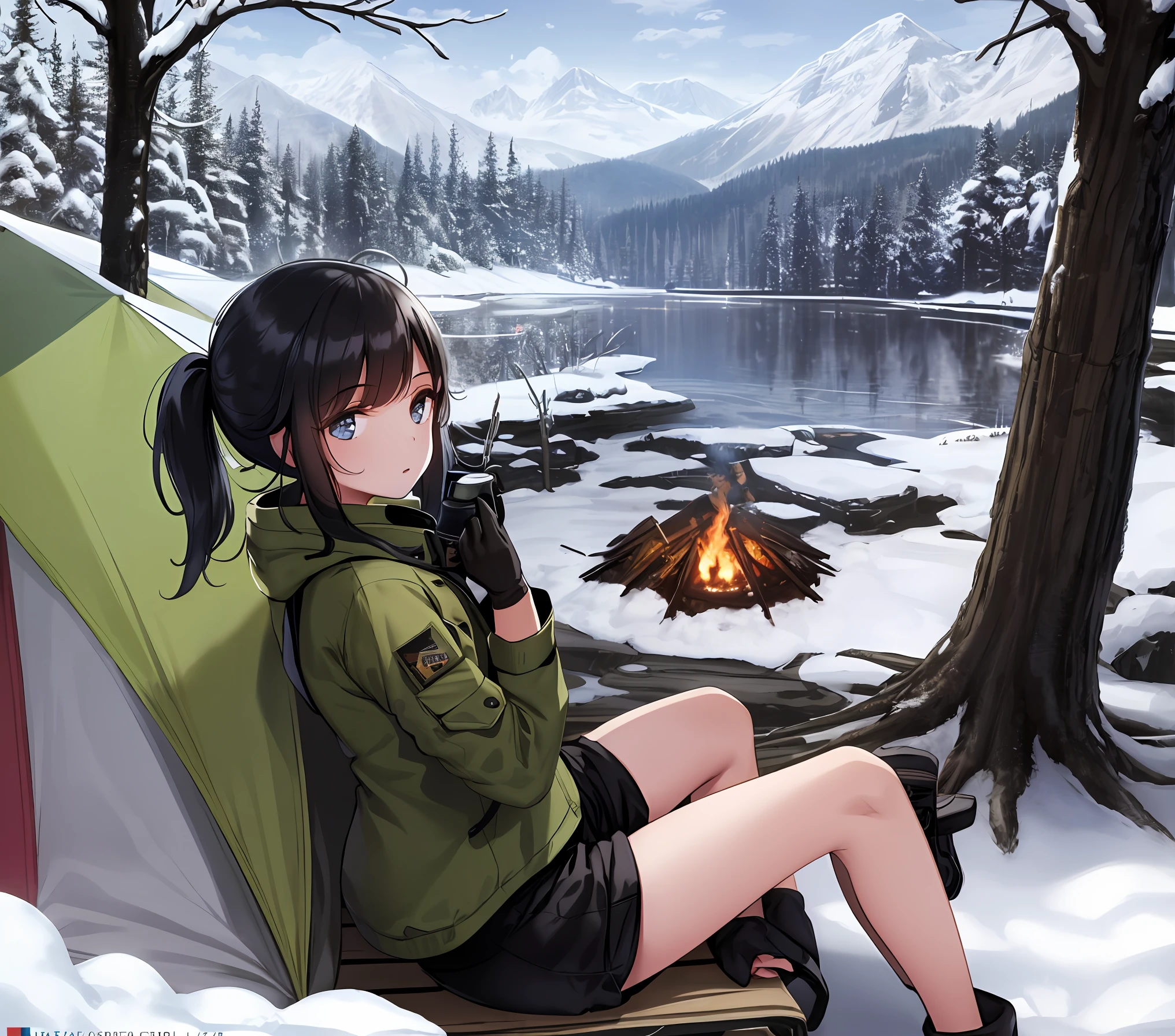 Best qualities，nmasterpiece，1girls，25age，Hair tied up in a back，Outdoor jacket，cargo pants，Thick gloves，Sit on a camping chair around the campfire，late morning，lakes，Beautiful snowy mountains in the background