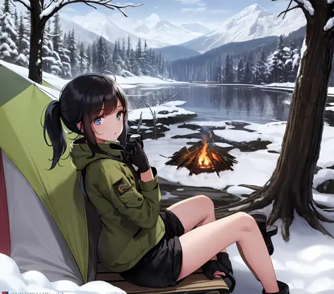 Best qualities，nmasterpiece，1girls，25age，Hair tied up in a back，Outdoor jacket，cargo pants，Thick gloves，Sit on a camping chair a...