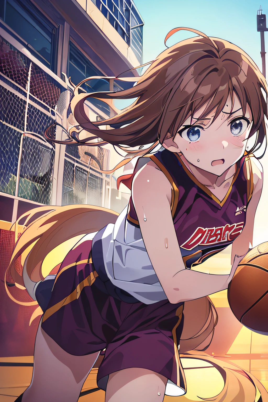 (最好的质量,アニメ,Anime Art Style:1.2), babes, 13years, the sweat、Playing Basketball,Intense angle、Strenuous movements,looking away,deadpan