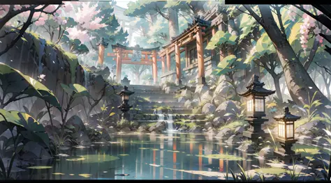 Japanese anime scene design，（mid night，glowworm，hotsprings，As estrelas，lune，hillside，large trees，Wisteria flowers），Quiet and elegant atmosphere，Delicate and soft painting style，Cinematic lighting effects，high-definition picture quality，abundant detail，32K，...