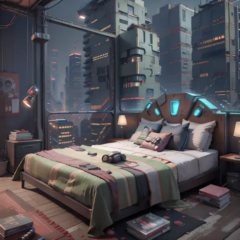 arafed view of a bedroom with a city view at night, cyberpunk bedroom at night, the cyberpunk apartment, cyberpunk apartment, cy...