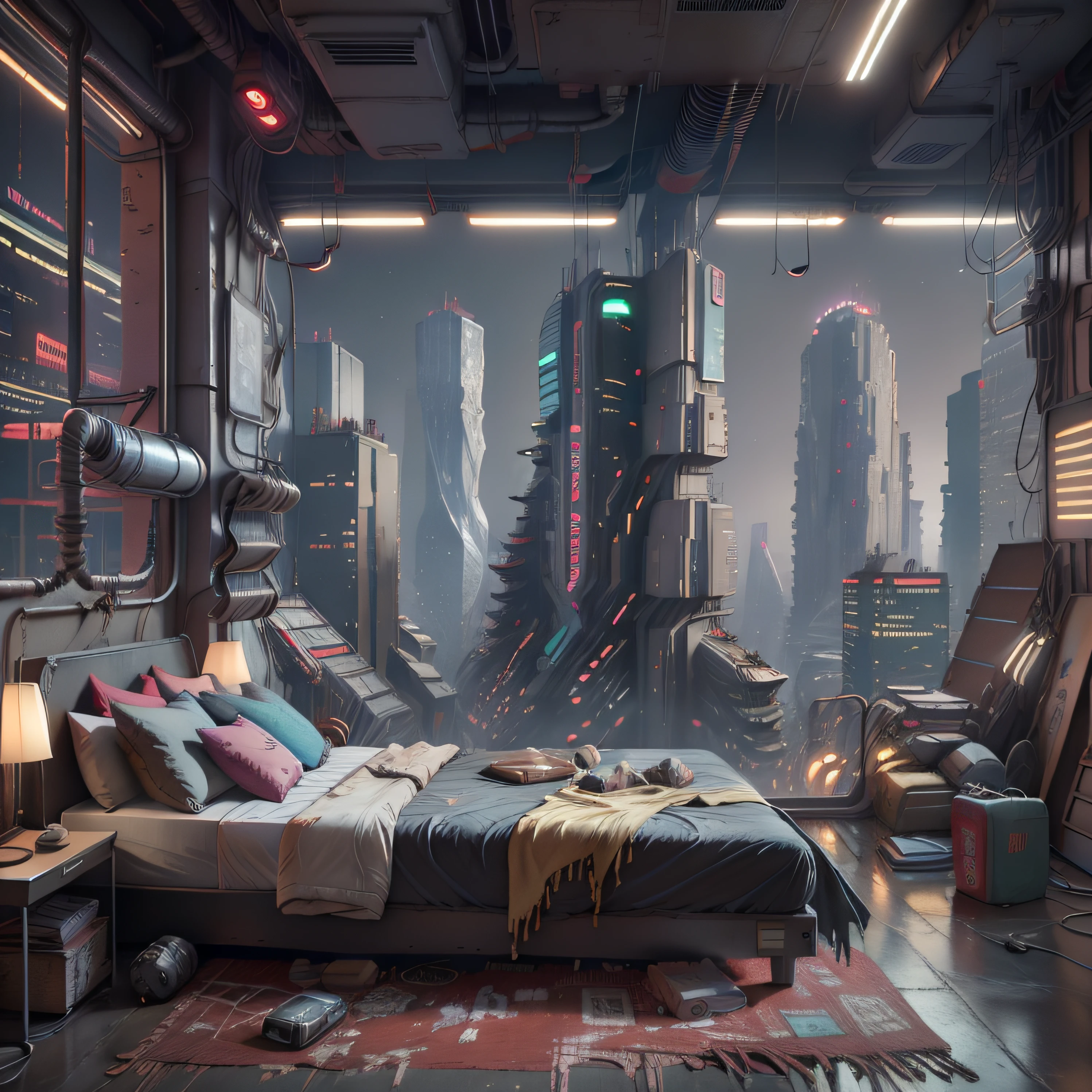 arafed view of a bedroom with a city view at night, cyberpunk bedroom at night, the cyberpunk apartment, cyberpunk apartment, cyberpunk teenager bedroom, bladerunner apartment, dystopian city apartment, hyper-realistic cyberpunk style, cyberpunk setting, photorealistic cinematic render, 3 d render beeple, beautiful and cinematic lighting, 8 k sensual lighting, night time render