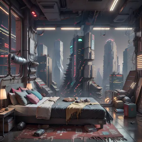 arafed view of a bedroom with a city view at night, cyberpunk bedroom at night, the cyberpunk apartment, cyberpunk apartment, cy...