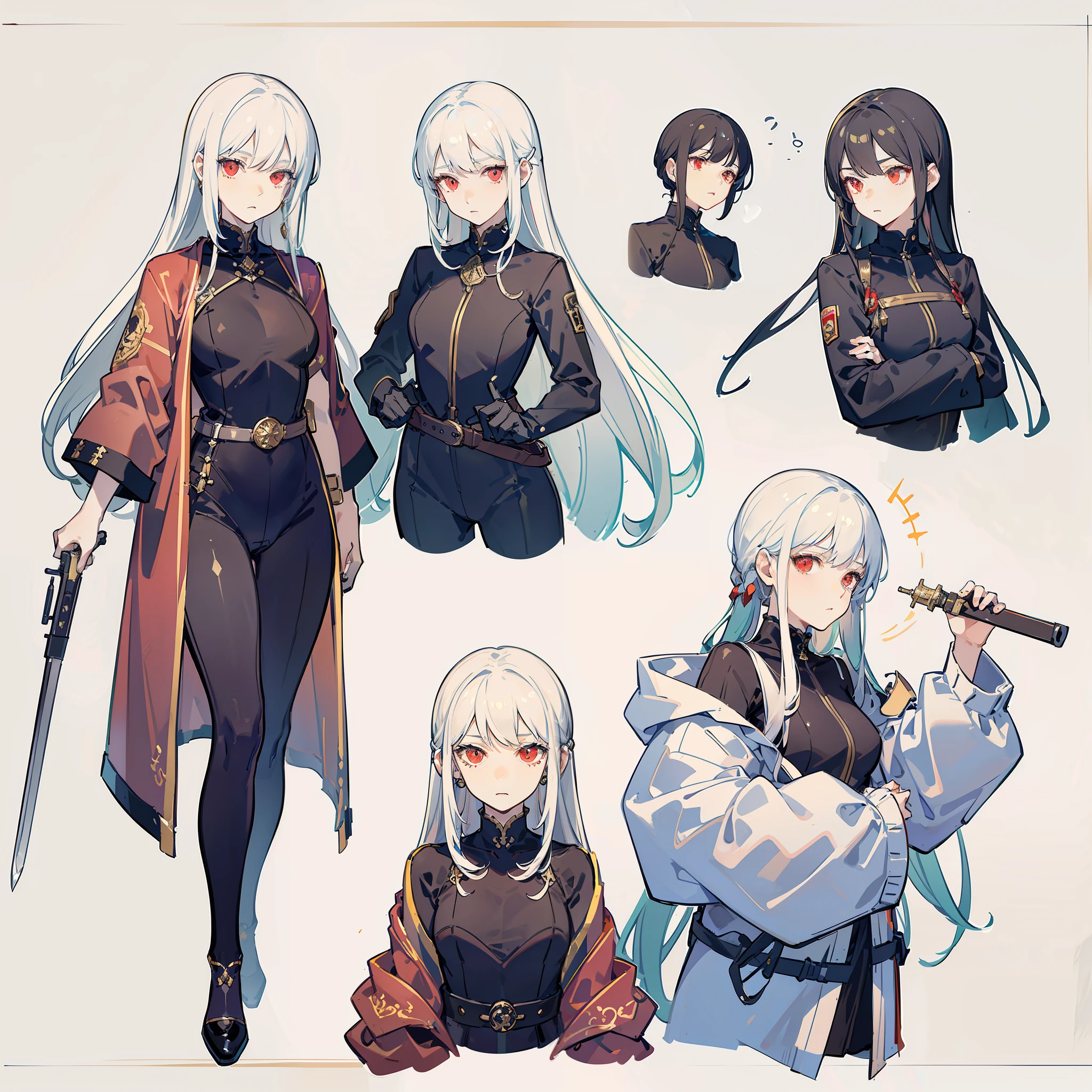 cohesive background,(character sheet:1.1),(clothes:1.15),clothes sheet,masterpiece,(bestquality),highlydetailed,ultra-detailed,pale,red eyes,white hair:1, long hair,hair rings,sniper rifle,black bodysuit,medium bust,high and cold expression, belt wrapping, dagger decoration,