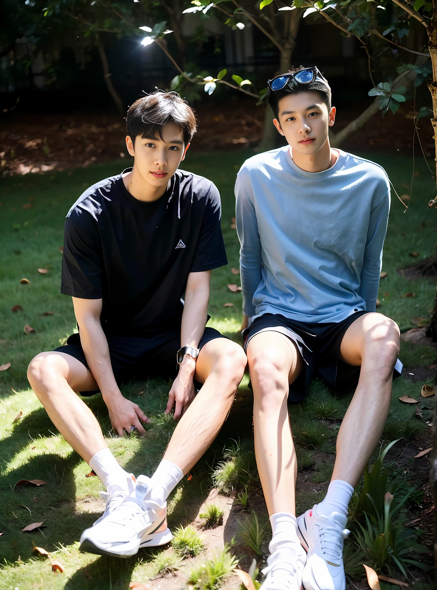 （Chinese handsome：1.5），Two males，Sit on the lawn，The sun shines through the leaves，In the style of He Jiaying，Topographic map，webcam photography，korean，Cai Zhichao，Untrained，Havencore，18-year-old boy，studio，danshi koukousei，mannequin，Long legs，Realistic photos