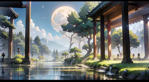 Japanese anime scene design，（midnight，fireflys，hotsprings，As estrelas，The moon，hillside，large trees，Wisteria flowers），Quiet and elegant atmosphere，Delicate and soft painting style，Cinematic lighting effects，HD picture quality，abundant detail，32K，Very perfe...