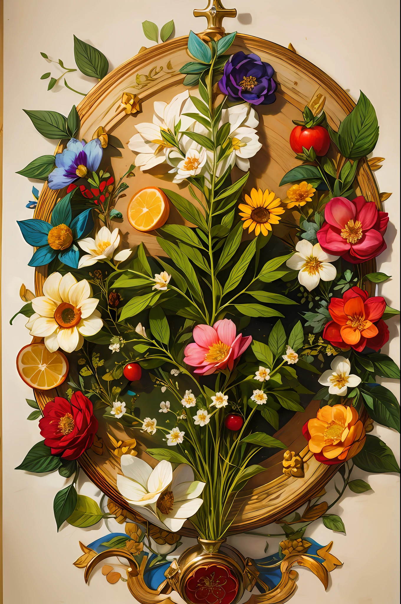 약초 삽화가 포함된 중세 약초 원고 페이지의 자세한 그림, with floral and 과일 illustrations, 과일, 복잡한 텍스트, 유난히 높은 디테일, 위에서 공중보기, 중심
