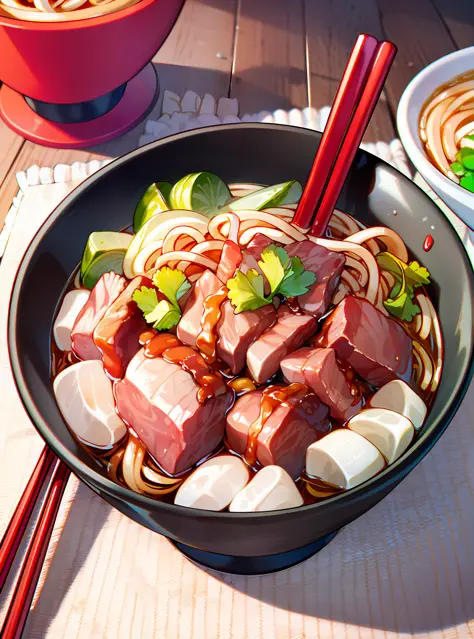 bowl of noodles with meat and vegetables in a bowl with chopsticks, realistic photo of delicious pho, inspired by Tan Ting-pho, delicacy, ramen, beef, high quality food photography, Juhe, shot with sony alpha 1 camera, professional food photography, noodle...