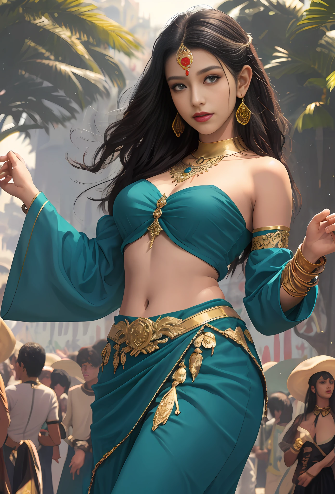 (masterpiece, best quality, realistic),
1girl, background, gypsy dress, dancing, intricate, teal dress, gold, indian palace, gypsy person, banquet, crowd, picking up skirt, darker skin,
[slight smile],