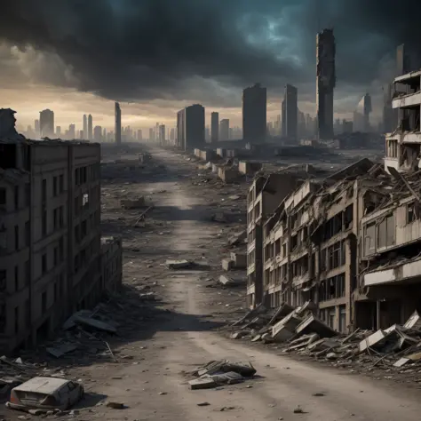 Apocalyptic scenario with destruction of the city and signs of city with extreme abandonment, melancholy, nuclear winter;
