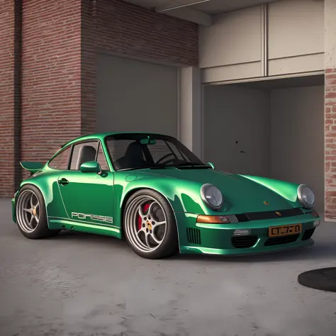 the allafard green porsche 964 is parked in front of the garage, highly detailed hyper real retro, porsche 964, porsche 964,, hy...