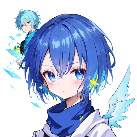 One without a hat，blue hairs，Blue scarf，Boy dressed in white，Has blue electronic style wings，Japanese anime electronic style，8K
